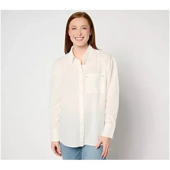 BEAUTIFUL by Lawrence Zarian Cotton Boyfriend Shirt Ivory M A647942 - Picture 1 of 1